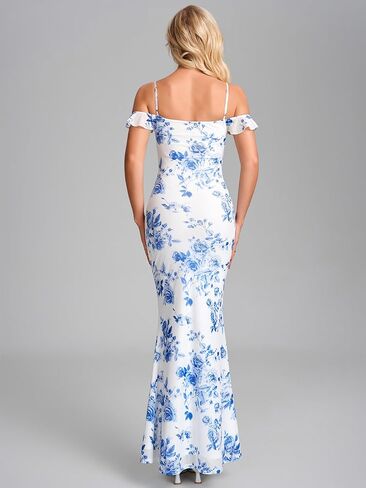 Summer Floral Bodycon Long Formal Wedding Guest Dresses for Women Elegant Off The Shoulder Ruched Cocktail Party Maxi Dress in Kuwait