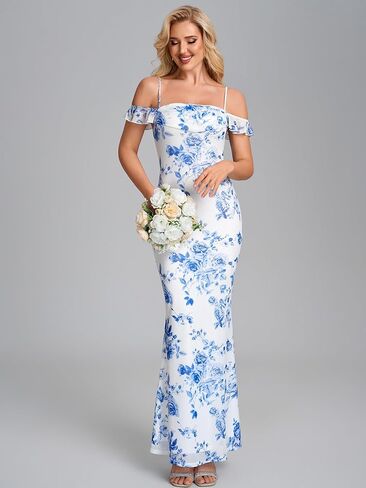 Summer Floral Bodycon Long Formal Wedding Guest Dresses for Women Elegant Off The Shoulder Ruched Cocktail Party Maxi Dress in Kuwait