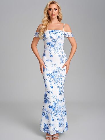 Summer Floral Bodycon Long Formal Wedding Guest Dresses for Women Elegant Off The Shoulder Ruched Cocktail Party Maxi Dress in Kuwait