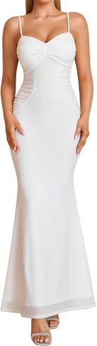 XinFSh Women's Ruched Wedding Guest Bodycon Maxi Dress Spaghetti Strap Mesh Long Formal Cocktail Dresses in Kuwait