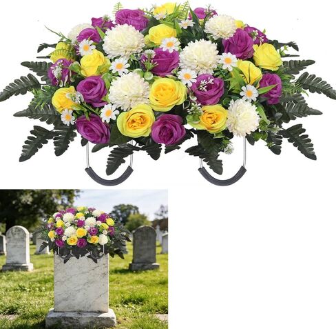 Wocst Headstone Flower Saddle,Large Artificial Cemetery Flowers for Grave Roses & Chrysanthemums Cemetery Memorial Flowers for Outdoor Grave Decorations (Purple) in Saudi Arabia