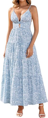 EYNMIN Summer Floral Maxi Casual Dress Boho V Neck Spaghetti Strap Long Flowy Ruffle Vacation Beach Sundresses for Women 2026 in Kuwait