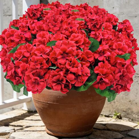 8 Bundles Artificial Geranium Flowers for Outdoors UV Resistant Red Silk Fake Geranium Plant Faux Floral for Front Porch Planter Balcony Patio Garden Home Indoor Decoration (Red) in Saudi Arabia