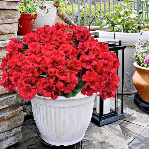 8 Bundles Artificial Geranium Flowers for Outdoors UV Resistant Red Silk Fake Geranium Plant Faux Floral for Front Porch Planter Balcony Patio Garden Home Indoor Decoration (Red) in Saudi Arabia