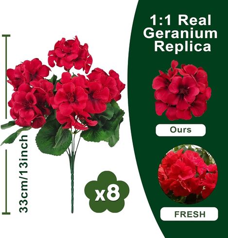 8 Bundles Artificial Geranium Flowers for Outdoors UV Resistant Red Silk Fake Geranium Plant Faux Floral for Front Porch Planter Balcony Patio Garden Home Indoor Decoration (Red) in Saudi Arabia