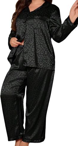 Verdusa Women's Leopard Plus Size Pajamas Set Satin Silk Long Sleeve Tops Long Pants Sleepwear in Saudi Arabia