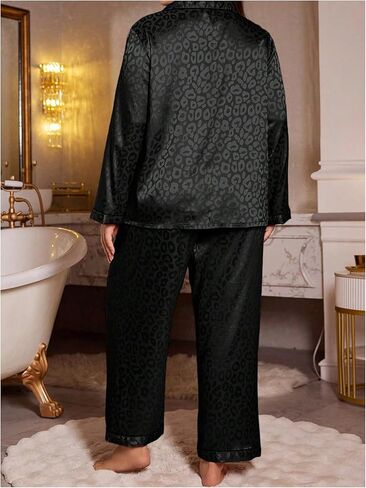 Verdusa Women's Leopard Plus Size Pajamas Set Satin Silk Long Sleeve Tops Long Pants Sleepwear in Saudi Arabia