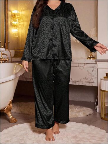 Verdusa Women's Leopard Plus Size Pajamas Set Satin Silk Long Sleeve Tops Long Pants Sleepwear in Saudi Arabia
