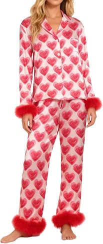 طقم بيجامة نسائي مزين بالريش لعيد الحب من الحرير والساتان بأزرار وأكمام طويلة وسراويل واسعة Lge ملابس نوم in Kuwait
