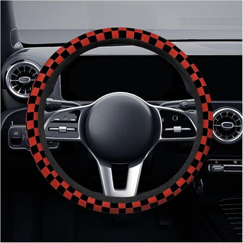 Checkered Race Flag Car Steering Wheel Cover, 15 Inch Non-Slip Breathable Automotive Steering Wheel Protector, Universal Vehicle Interior Decoration Accessories for Men, Women (Red) in Kuwait