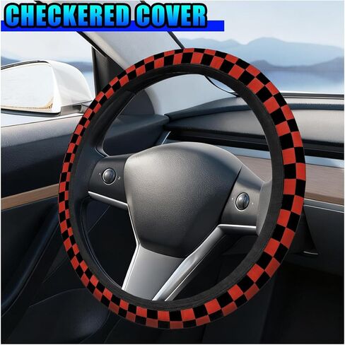 Checkered Race Flag Car Steering Wheel Cover, 15 Inch Non-Slip Breathable Automotive Steering Wheel Protector, Universal Vehicle Interior Decoration Accessories for Men, Women (Red) in Kuwait