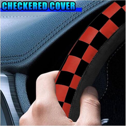 Checkered Race Flag Car Steering Wheel Cover, 15 Inch Non-Slip Breathable Automotive Steering Wheel Protector, Universal Vehicle Interior Decoration Accessories for Men, Women (Red) in Kuwait