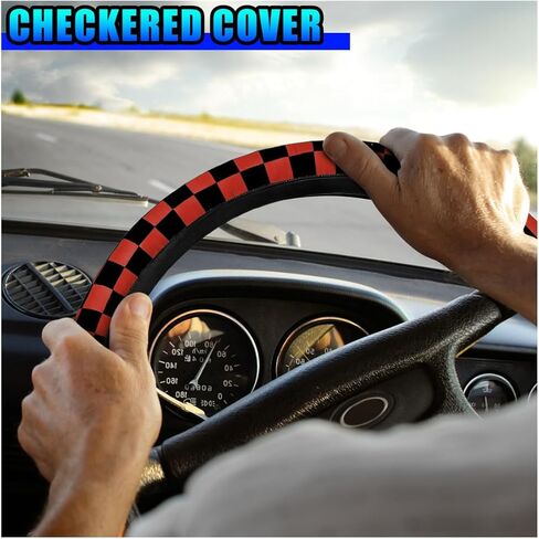 Checkered Race Flag Car Steering Wheel Cover, 15 Inch Non-Slip Breathable Automotive Steering Wheel Protector, Universal Vehicle Interior Decoration Accessories for Men, Women (Red) in Kuwait