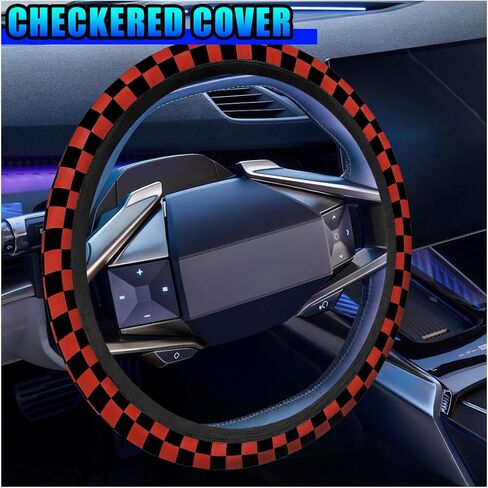 Checkered Race Flag Car Steering Wheel Cover, 15 Inch Non-Slip Breathable Automotive Steering Wheel Protector, Universal Vehicle Interior Decoration Accessories for Men, Women (Red) in Kuwait