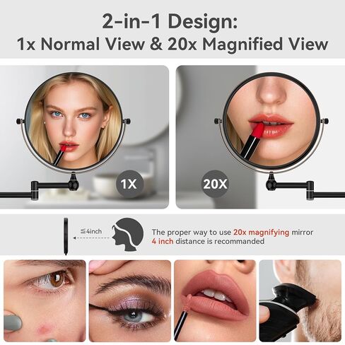 GURUN 8-Inch Wall Mount Makeup Mirror with 20X Magnification for Bathroom - 360° Rotation & Extended Arm Oil-Rubbed Bronze Dual-Sided Bathroom Mirror for Makeup, Skincare M1207T(8in,20X) in Kuwait