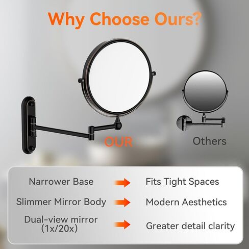 GURUN 8-Inch Wall Mount Makeup Mirror with 20X Magnification for Bathroom - 360° Rotation & Extended Arm Oil-Rubbed Bronze Dual-Sided Bathroom Mirror for Makeup, Skincare M1207T(8in,20X) in Kuwait
