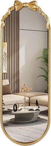 مرآة بيضاوية كاملة الطول، مقاس 40.64 سم × 119.38 سم، إطار معدني مطرز بفيونكة ذهبية كبيرة معلقة لأرضية الملابس لغرفة النوم، وغرفة المعيشة، والمدخل in Kuwait