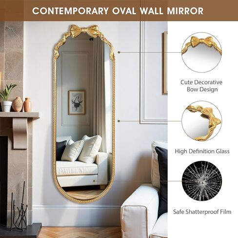 مرآة بيضاوية كاملة الطول، مقاس 40.64 سم × 119.38 سم، إطار معدني مطرز بفيونكة ذهبية كبيرة معلقة لأرضية الملابس لغرفة النوم، وغرفة المعيشة، والمدخل in Kuwait
