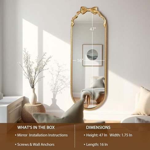 مرآة بيضاوية كاملة الطول، مقاس 40.64 سم × 119.38 سم، إطار معدني مطرز بفيونكة ذهبية كبيرة معلقة لأرضية الملابس لغرفة النوم، وغرفة المعيشة، والمدخل in Kuwait