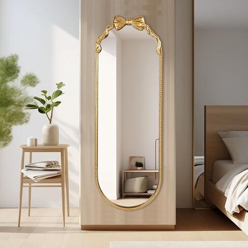 مرآة بيضاوية كاملة الطول، مقاس 40.64 سم × 119.38 سم، إطار معدني مطرز بفيونكة ذهبية كبيرة معلقة لأرضية الملابس لغرفة النوم، وغرفة المعيشة، والمدخل in Kuwait