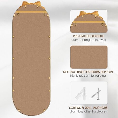 مرآة بيضاوية كاملة الطول، مقاس 40.64 سم × 119.38 سم، إطار معدني مطرز بفيونكة ذهبية كبيرة معلقة لأرضية الملابس لغرفة النوم، وغرفة المعيشة، والمدخل in Kuwait