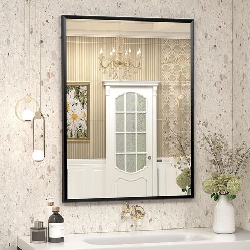 Matte Black Framed Bathroom Mirror 24"x 32", Rectangular Beveled Vanity Mirror with Aluminum Alloy Frame, Right Angle Corner, HD Reflection, Horizontal or Vertical Wall-Mounted in Saudi Arabia