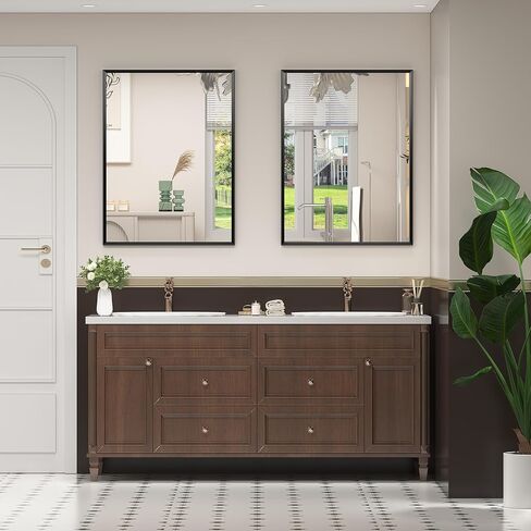 Matte Black Framed Bathroom Mirror 24"x 32", Rectangular Beveled Vanity Mirror with Aluminum Alloy Frame, Right Angle Corner, HD Reflection, Horizontal or Vertical Wall-Mounted in Saudi Arabia