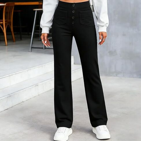 Womens High Waist Straight Leg Pants Casual Trousers Stretch Fabric with Pockets in Saudi Arabia