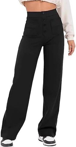 Womens High Waist Straight Leg Pants Casual Trousers Stretch Fabric with Pockets in Saudi Arabia
