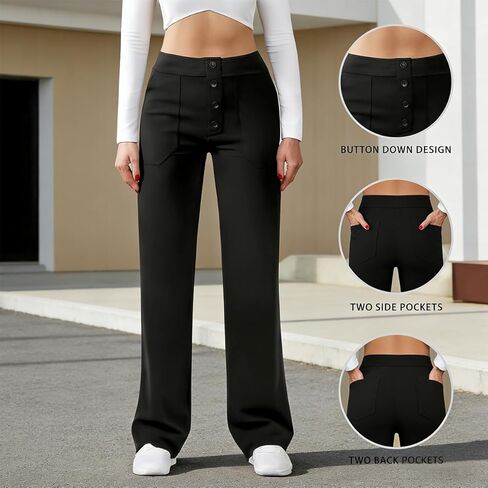 Womens High Waist Straight Leg Pants Casual Trousers Stretch Fabric with Pockets in Saudi Arabia
