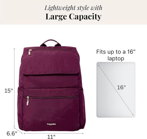 Baggallini Flap Laptop Backpack - 15"x11" Lightweight Work Travel Bag w/Luggage Sleeve & RFID in Saudi Arabia