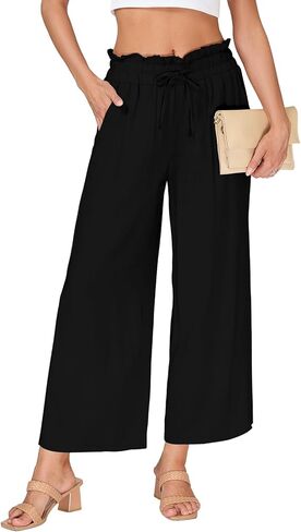 VUTRU سراويل تقليدية نسائية واسعة الساق صيفية عالية الخصر مرنة متدفقة فضفاضة للسفر صالة الكتان بنطلون مع جيوب in Kuwait