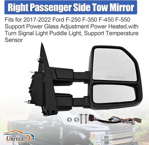 Passenger Side Tow Mirror Fits for Ford F250 F350 F450 F550 2017-2022 Support Power Glass Adjust Heated with BSM Signal Light with Turn Signal Light Puddle Light Temperature Sensor Manual Folding in Kuwait