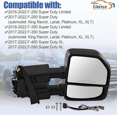 Passenger Side Tow Mirror Fits for Ford F250 F350 F450 F550 2017-2022 Support Power Glass Adjust Heated with BSM Signal Light with Turn Signal Light Puddle Light Temperature Sensor Manual Folding in Kuwait