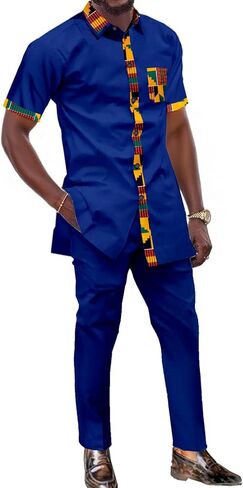 SEA&ALP Short Sleeve Men's Kente Print Patchwork Suit, Button Down African Dashiki Shirt Pants Outfit Attire Clothes in Kuwait