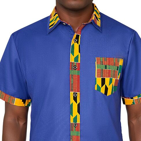 SEA&ALP Short Sleeve Men's Kente Print Patchwork Suit, Button Down African Dashiki Shirt Pants Outfit Attire Clothes in Saudi Arabia
