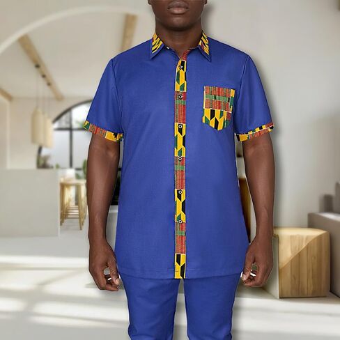 SEA&ALP Short Sleeve Men's Kente Print Patchwork Suit, Button Down African Dashiki Shirt Pants Outfit Attire Clothes in Saudi Arabia