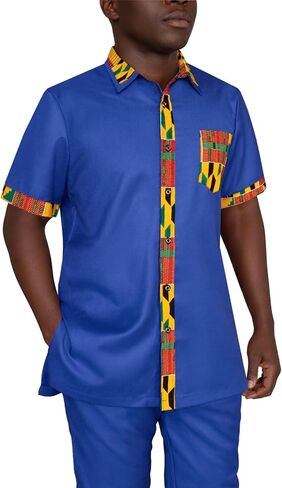SEA&ALP Short Sleeve Men's Kente Print Patchwork Suit, Button Down African Dashiki Shirt Pants Outfit Attire Clothes in Saudi Arabia