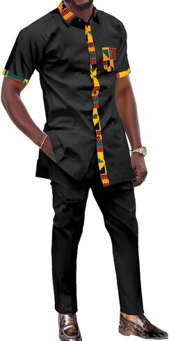SEA&ALP Short Sleeve Men's Kente Print Patchwork Suit, Button Down African Dashiki Shirt Pants Outfit Attire Clothes in Saudi Arabia