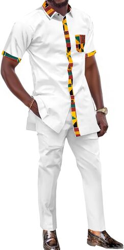SEA&ALP Short Sleeve Men's Kente Print Patchwork Suit, Button Down African Dashiki Shirt Pants Outfit Attire Clothes in Saudi Arabia