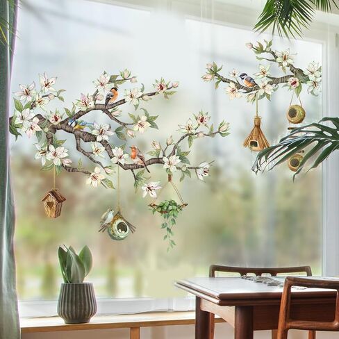 SHUCHING Spring Tree Branch Bird Window Sticker, White Flower Window Clings for Glass, Double Sided Static Anti Collision Sticker in Saudi Arabia