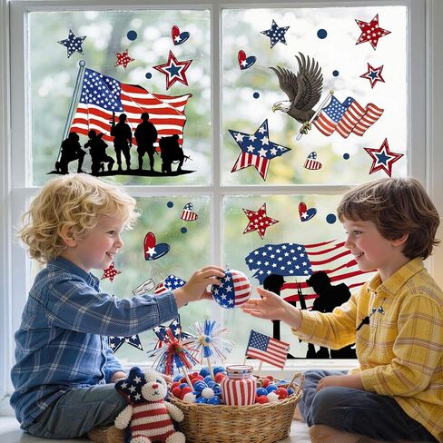 ZAWE 9 أوراق جنود نجوم أمريكا الوطنية التذكارية اليوم التذكاري نافذة تلتصق على الوجهين قابلة لإعادة الاستخدام ملصقات نافذة ثابتة لتزيين الحفلات والفصول الدراسية والمكاتب in Kuwait