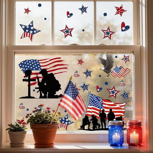 ZAWE 9 أوراق جنود نجوم أمريكا الوطنية التذكارية اليوم التذكاري نافذة تلتصق على الوجهين قابلة لإعادة الاستخدام ملصقات نافذة ثابتة لتزيين الحفلات والفصول الدراسية والمكاتب in Kuwait