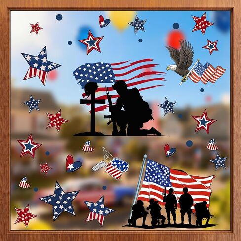 ZAWE 9 أوراق جنود نجوم أمريكا الوطنية التذكارية اليوم التذكاري نافذة تلتصق على الوجهين قابلة لإعادة الاستخدام ملصقات نافذة ثابتة لتزيين الحفلات والفصول الدراسية والمكاتب in Kuwait