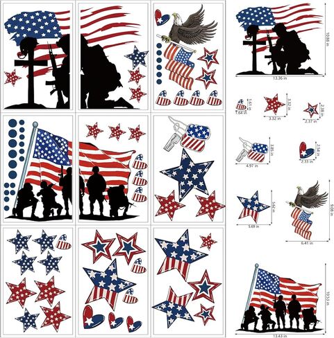 ZAWE 9 أوراق جنود نجوم أمريكا الوطنية التذكارية اليوم التذكاري نافذة تلتصق على الوجهين قابلة لإعادة الاستخدام ملصقات نافذة ثابتة لتزيين الحفلات والفصول الدراسية والمكاتب in Kuwait