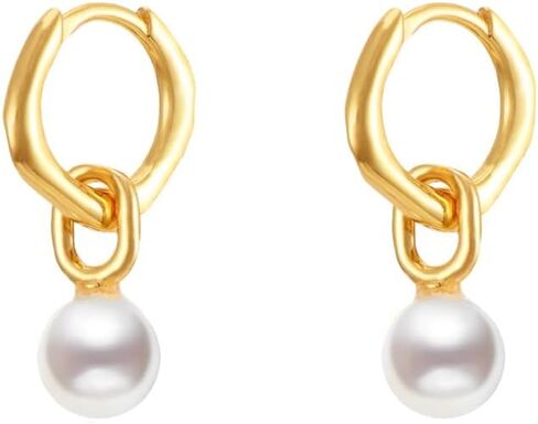 أقراط اللؤلؤ الذهبية للنساء، أقراط متدلية من اللؤلؤ مضادة للحساسية 14 قيراط مطلية بالذهب أقراط دائرية أنيقة للنساء أقراط هوجي ذهبية صغيرة عصرية هدايا مجوهرات الزفاف للنساء in Kuwait