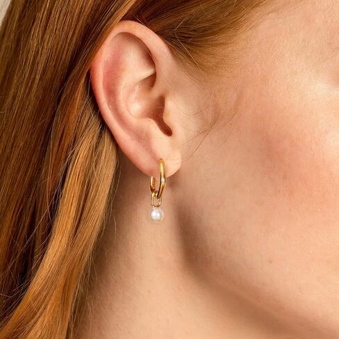 أقراط اللؤلؤ الذهبية للنساء، أقراط متدلية من اللؤلؤ مضادة للحساسية 14 قيراط مطلية بالذهب أقراط دائرية أنيقة للنساء أقراط هوجي ذهبية صغيرة عصرية هدايا مجوهرات الزفاف للنساء in Kuwait