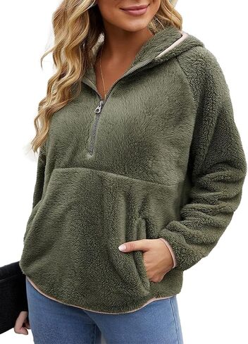 Women's Sherpa Hoodie Fleece Pullover Sweatshirt Warm Soft Top with Zipper Kangaroo Pockets in Kuwait