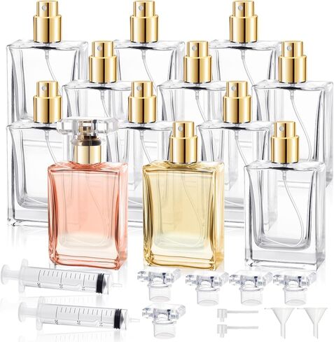 12 Pack Refillable Glass Perfume Bottles - Premium Square Gold Atomizer Spray Bottles, Leak-Proof Portable Empty Perfume Containers for Travel, Purse, Gym & Home Office Use in Saudi Arabia