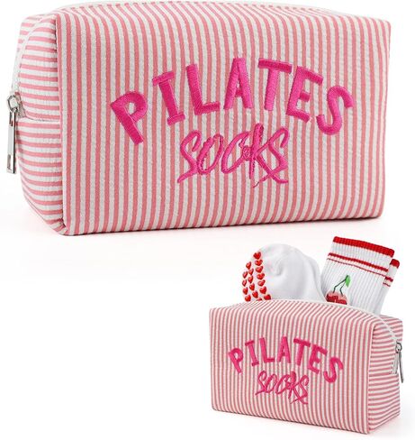 Pilates Grip Socks Bag - Embroidered Seersucker Pouch for Women - Cute Makeup Cosmetic Organizer & Gym Bag Accessory for Barre, Yoga, Reformer Studio - Pilates Princess Gifts in Saudi Arabia